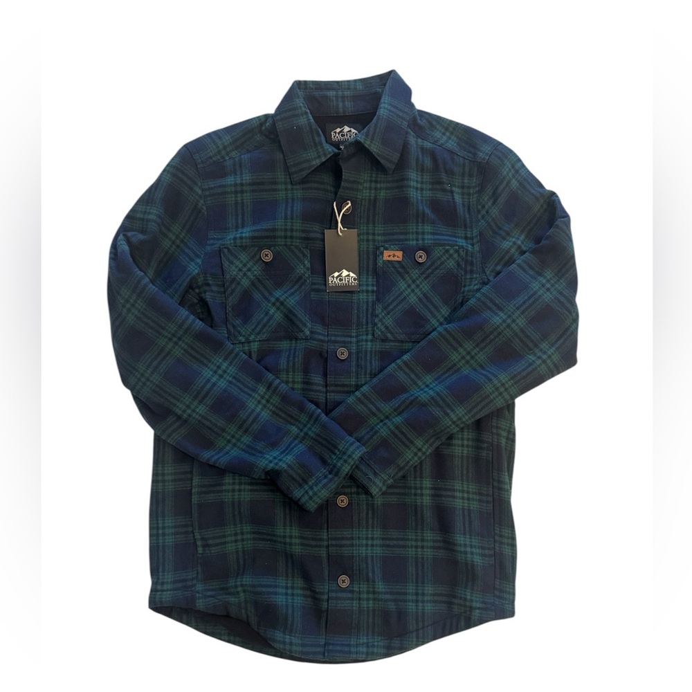 NWT Pacific Outfitters Green Navy Plaid Flannel Button Up Shirt Jacket Fleece S